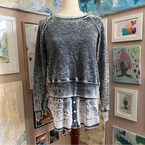 Allen Allen Gray Acid Wash Layered Sweatshirt Top S Grunge Distressed Layered